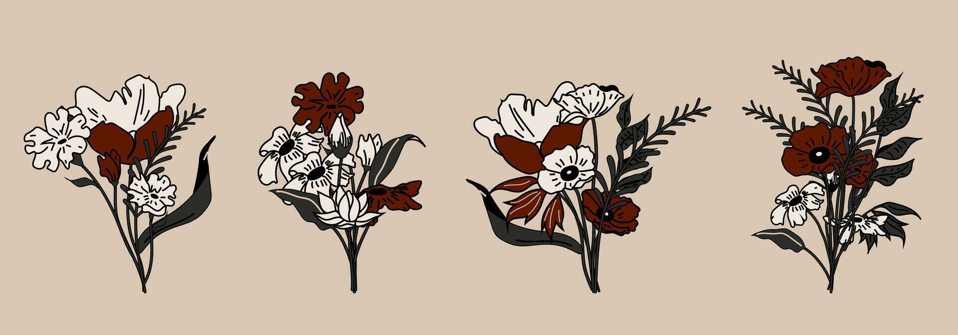 conjunto do colorida do buquês. na moda botânico elementos. selvagem flores e folhas vetor