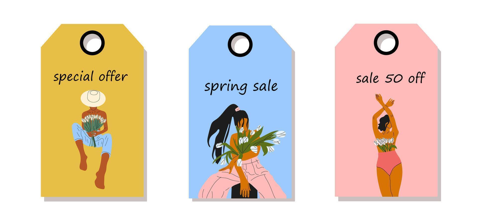 vetor conjunto do desconto preço Tag. etiquetas com nu mulher com flores crescendo a partir de peito. Primavera oferta.