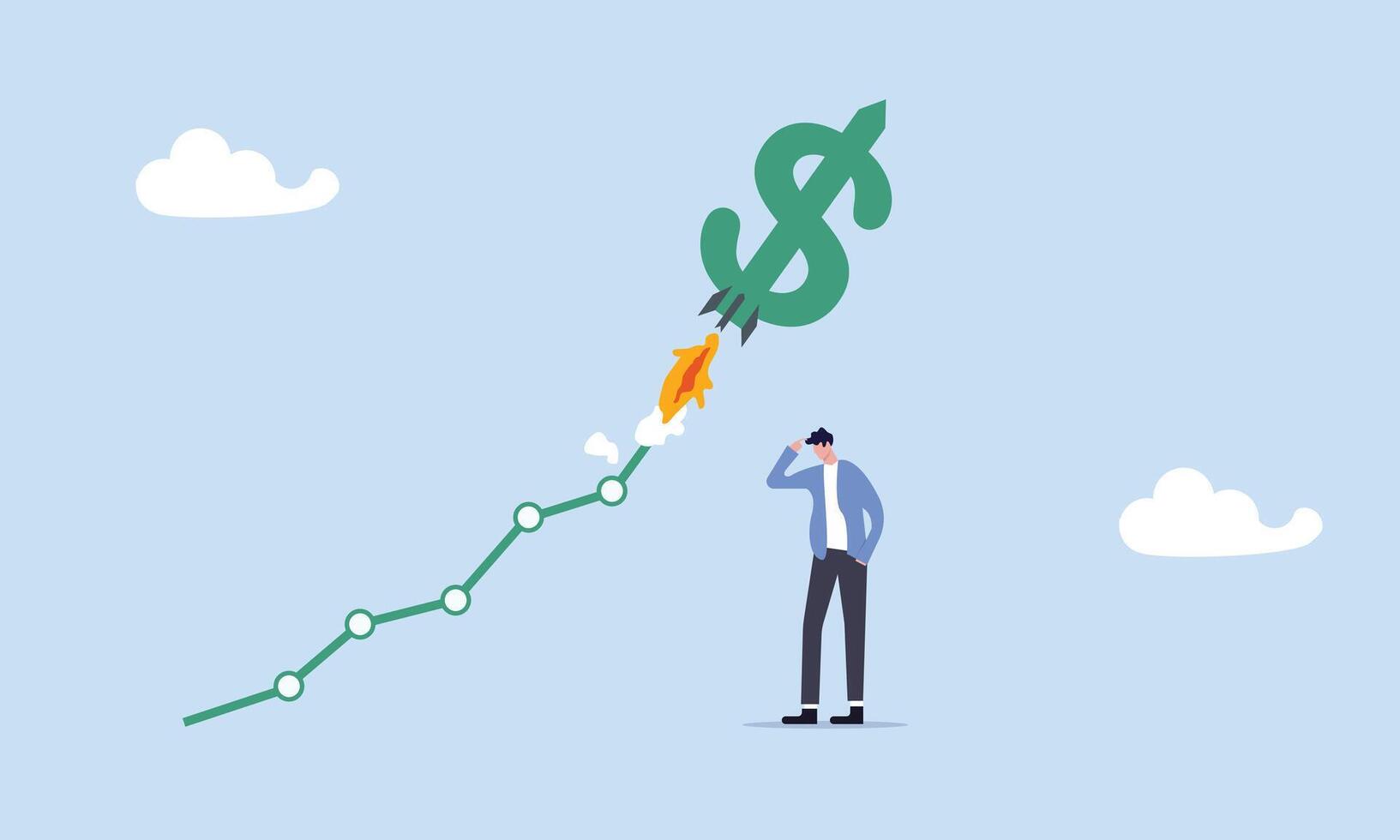 homem de negocios investidor Veja às dólar placa foguete vôo Alto em troca gráfico, nos dólar valor Aumentar vencimento para interesse taxa caminhada, troca taxa ou financeiro relatório, economia ou investimento conceito. vetor