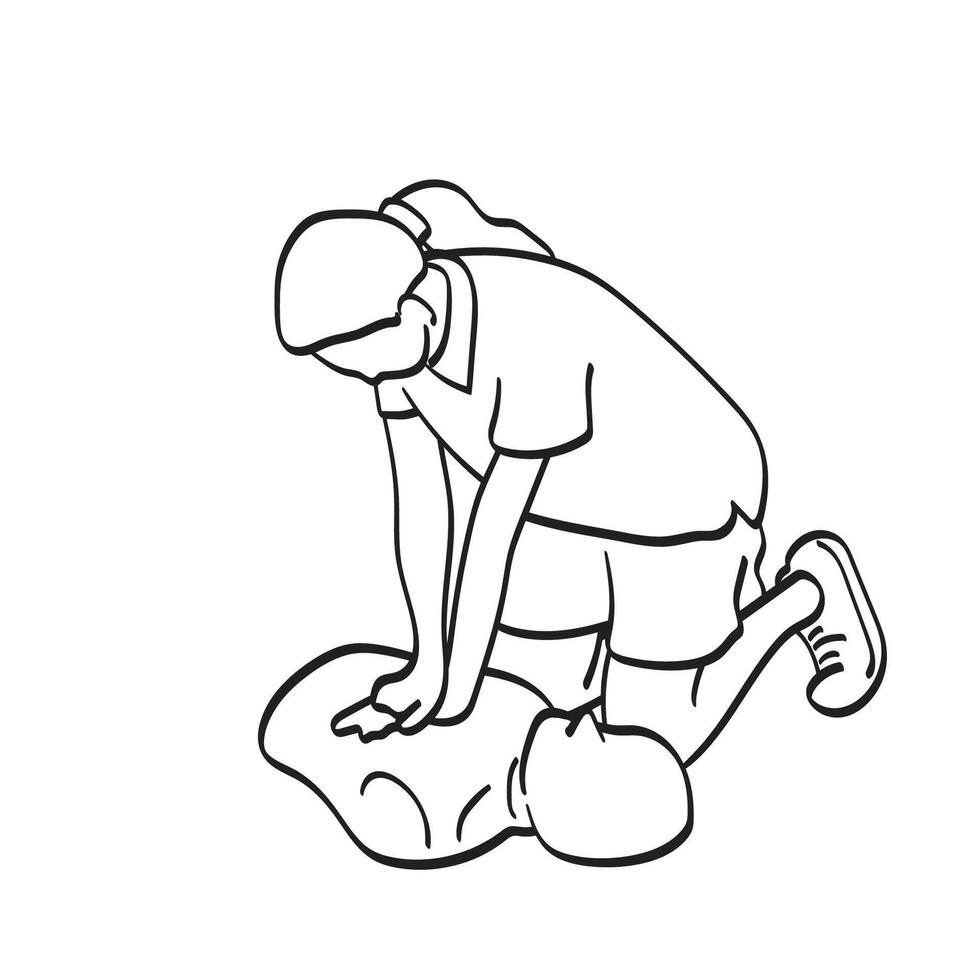 mulher realizando peito compressão em manequim durante cpr Treinamento classe ilustração vetor mão desenhado isolado em branco fundo