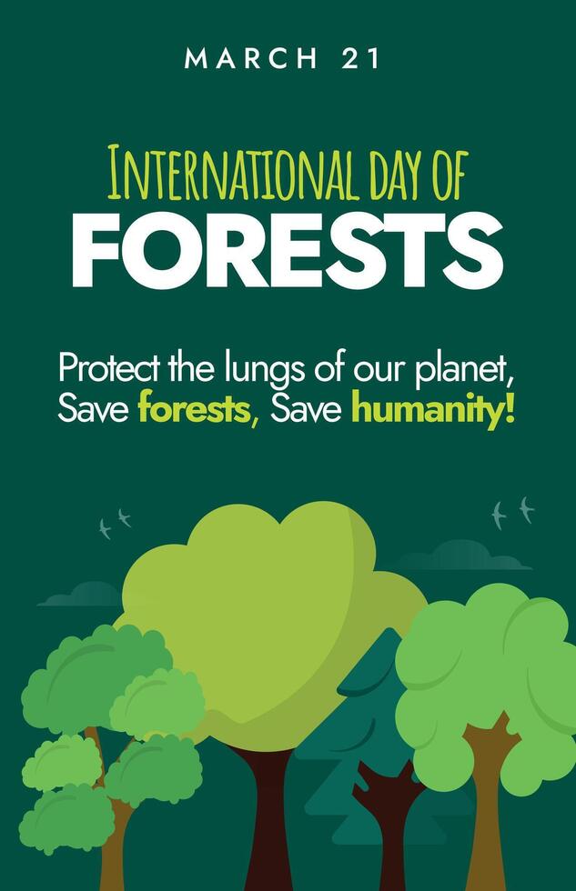 internacional floresta dia, 21 marcha floresta dia celebração bandeira, postar com terra globo e diferente tipos do verde árvores em isto. florestas e inovação, importância do todos tipos do florestas vetor