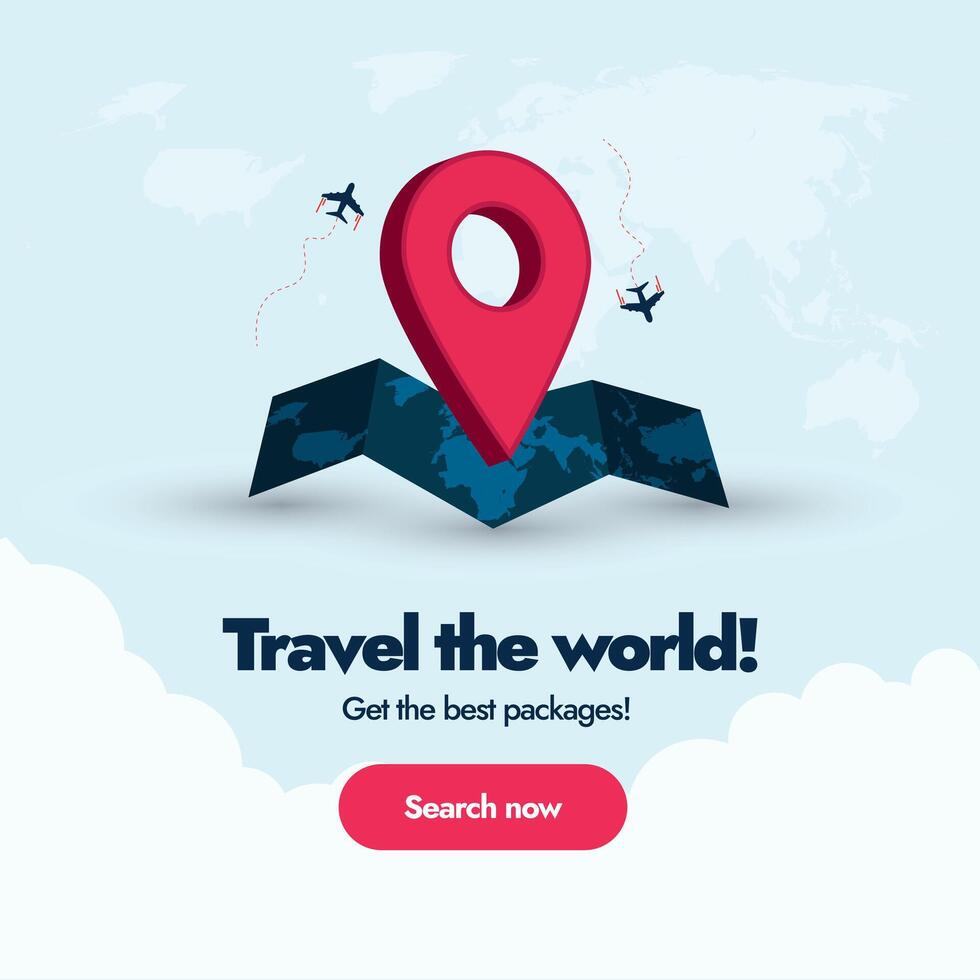 melhor viagem pacotes e mundo Tour ofertas poster. viagem agência melhor pacotes e ofertas com 3d localização alfinete, e mundo mapa. viajando agência promoção bandeira. vetor ilustração 2024