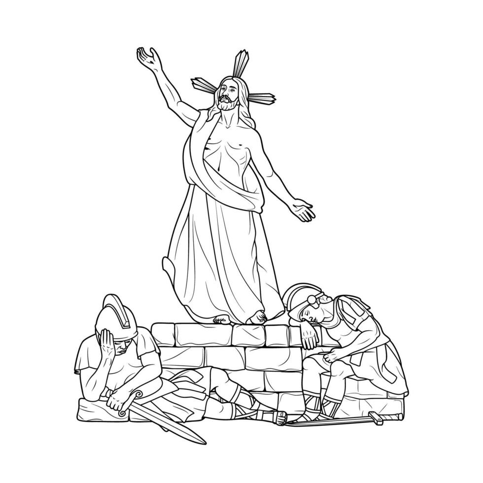 15º estação do a Cruz Jesus Cristo ressuscita em a terceiro dia vetor ilustração monocromático esboço