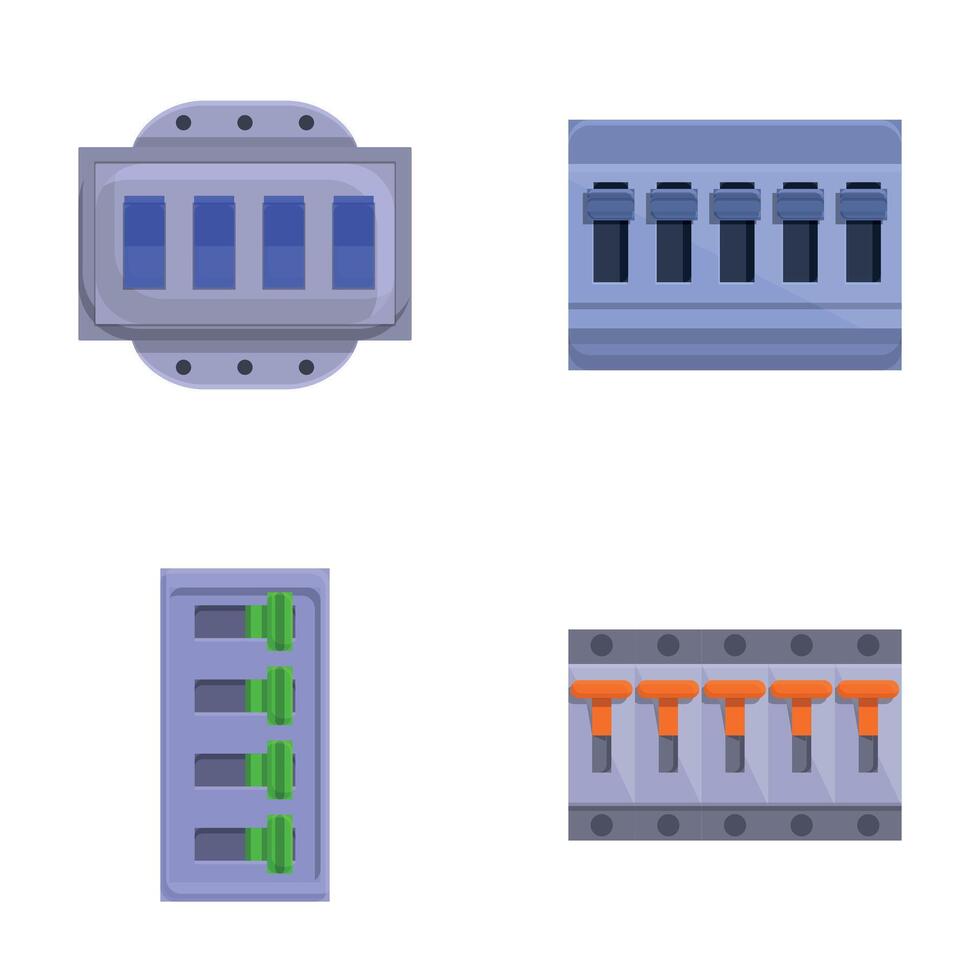 disjuntor interruptor ícones conjunto desenho animado vetor. elétrico disjuntor caixa de distribuição vetor