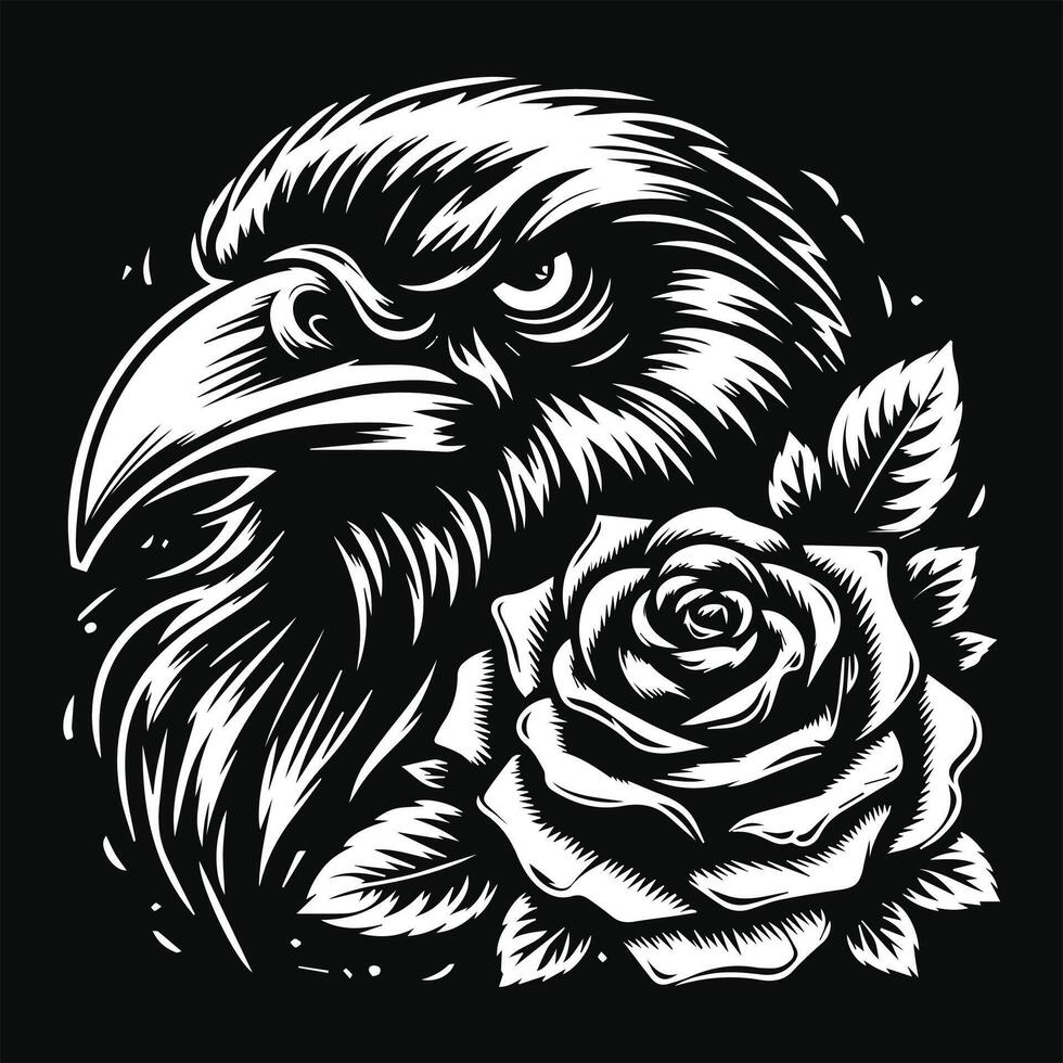 Corvo cabeça com rosa flor grunge vintage estilo mão desenhado ilustração Preto e branco vetor