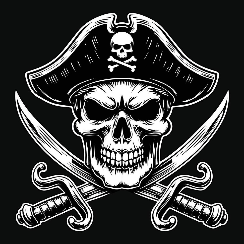 Sombrio arte piratas crânio cabeça com chapéu piratas Preto e branco ilustração vetor