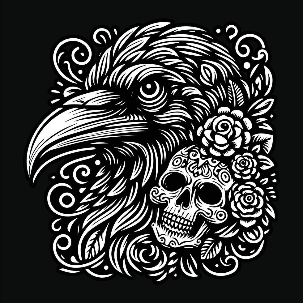 Corvo cabeça com rosa flor grunge vintage estilo mão desenhado ilustração Preto e branco vetor