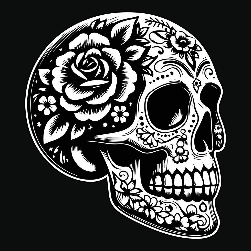 Sombrio arte crânio cabeça com flor Preto e branco ilustração vetor