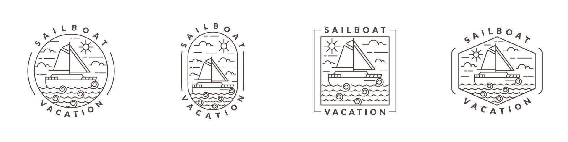 ilustração do barco a vela e oceano monoline ou linha arte estilo vetor