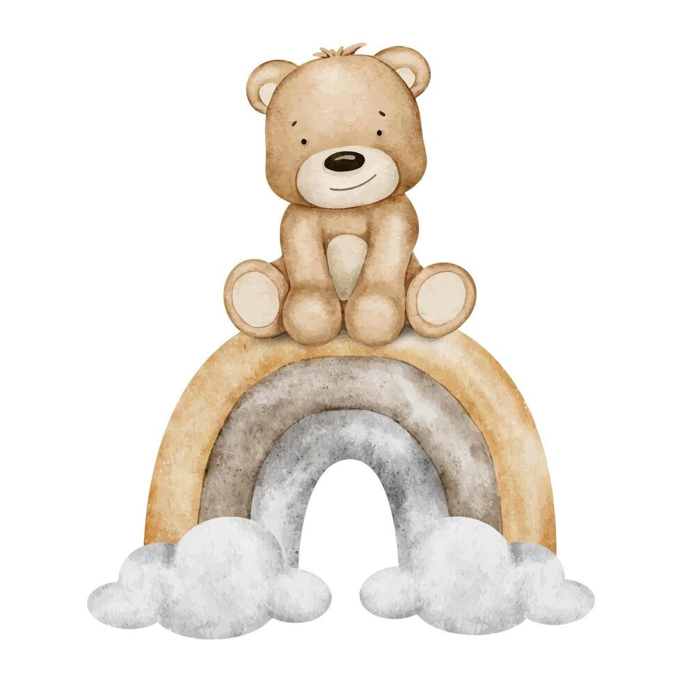 bebê Urso brinquedo é sentado em a arco-íris. Urso de pelúcia brinquedo, arco Iris e nuvens. aguarela ilustração. isolado. ideal para bebê banho, poster, cartões, convites, tecido, crianças quarto projeto, logotipo vetor