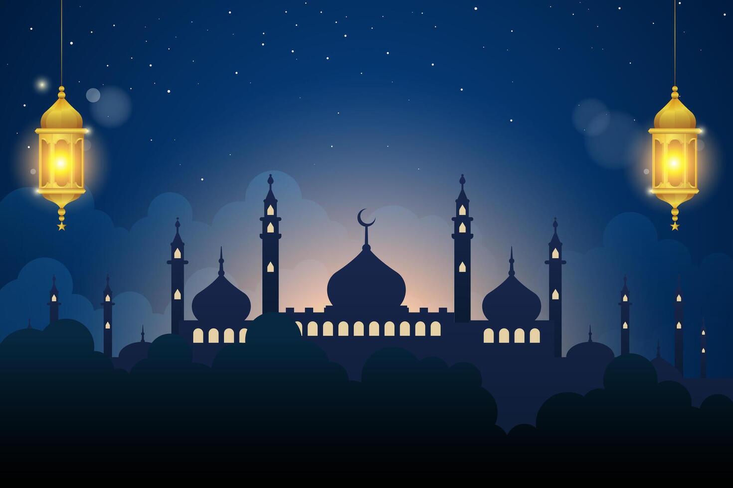 silhueta do a mesquita com lanternas e lindo noite fundo vetor