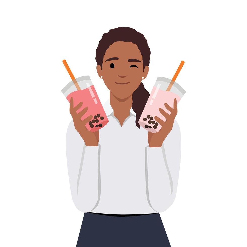ilustração do uma menina segurando tapioca pudim ou boba beber leite vetor