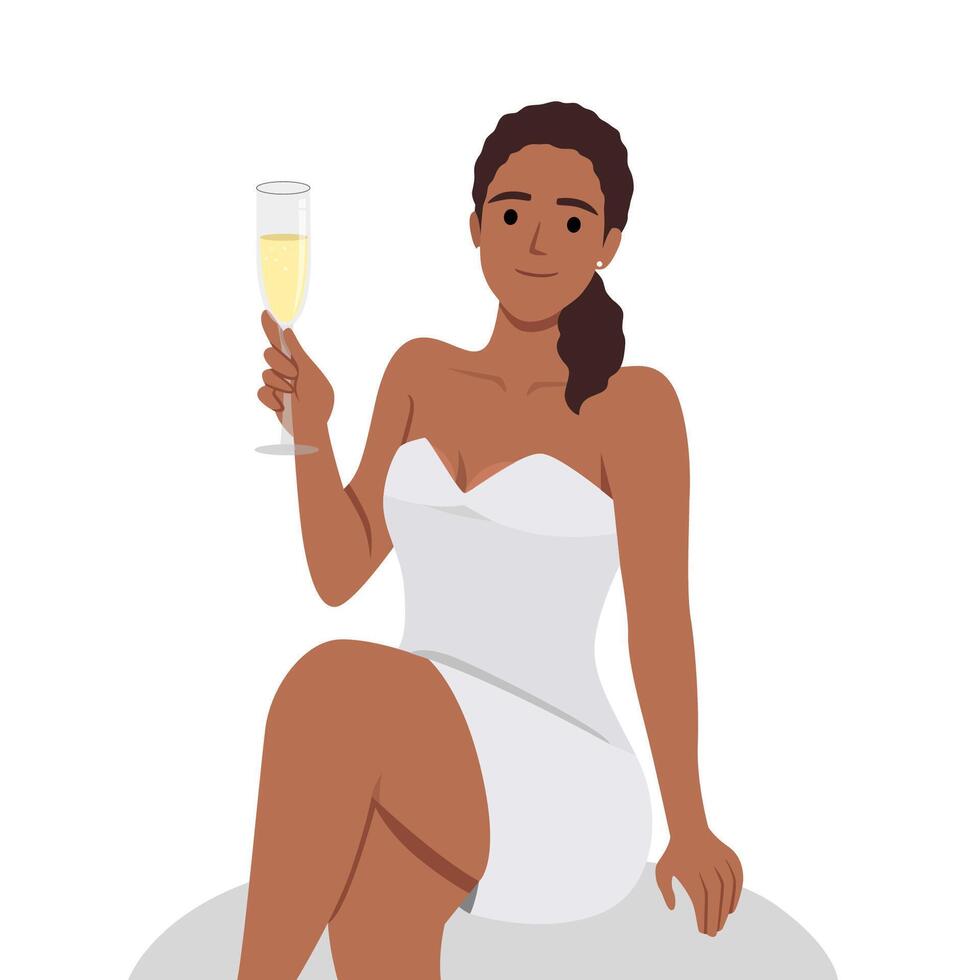 fofa sexy caucasiano mulher sentar vestindo vestir com champanhe vidro vetor