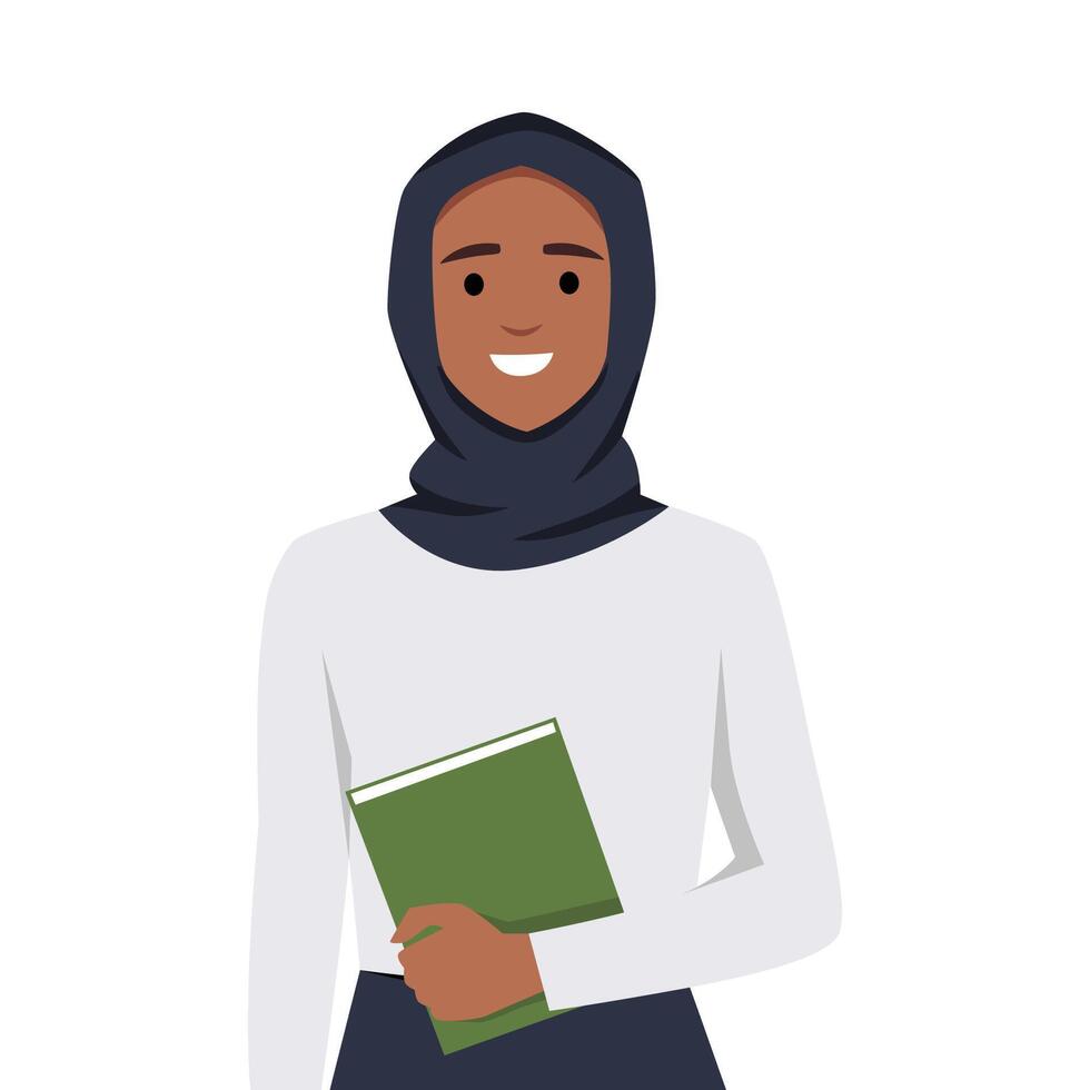 uma lindo muçulmano mulher vestindo uma hijab segurando uma livro. vetor