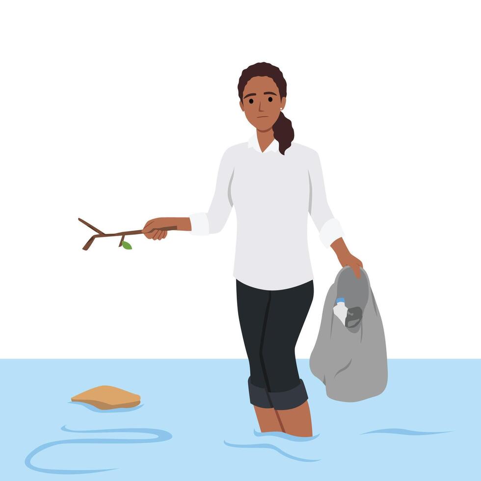 triste mulher limpa oceano do plástico lixo de puxar Fora garrafas usando colher. vetor