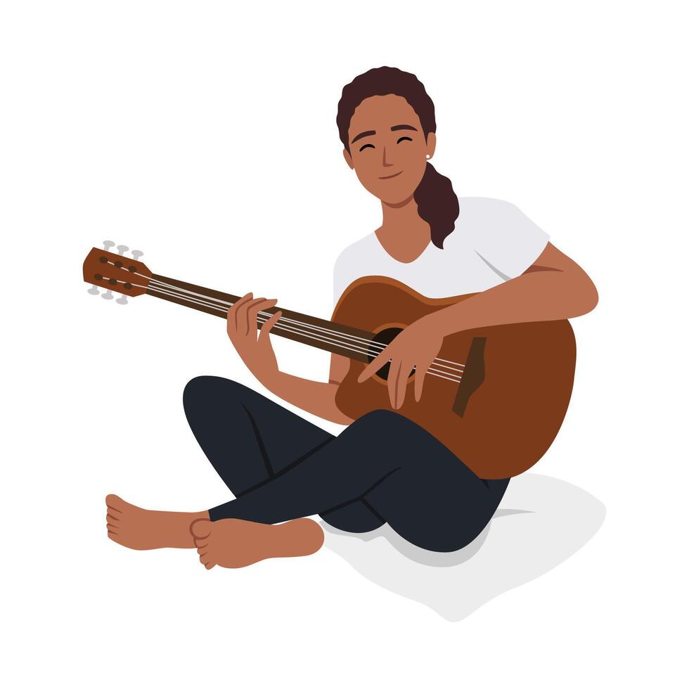 feliz jovem mulher guitarrista com musical acústico instrumento. vetor