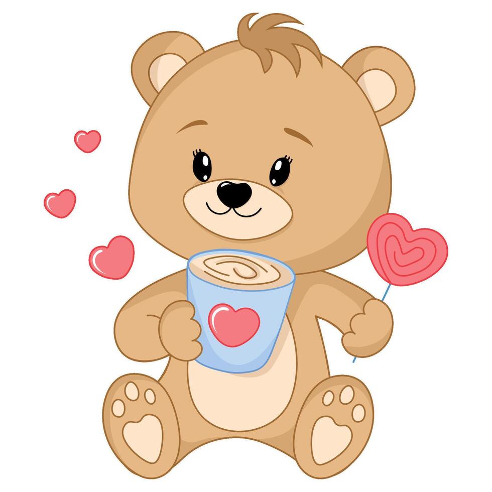 fofa Urso de pelúcia Urso Garoto com café e coração doce dentro dele mãos. feliz dia dos namorados dia. vetor ilustração.