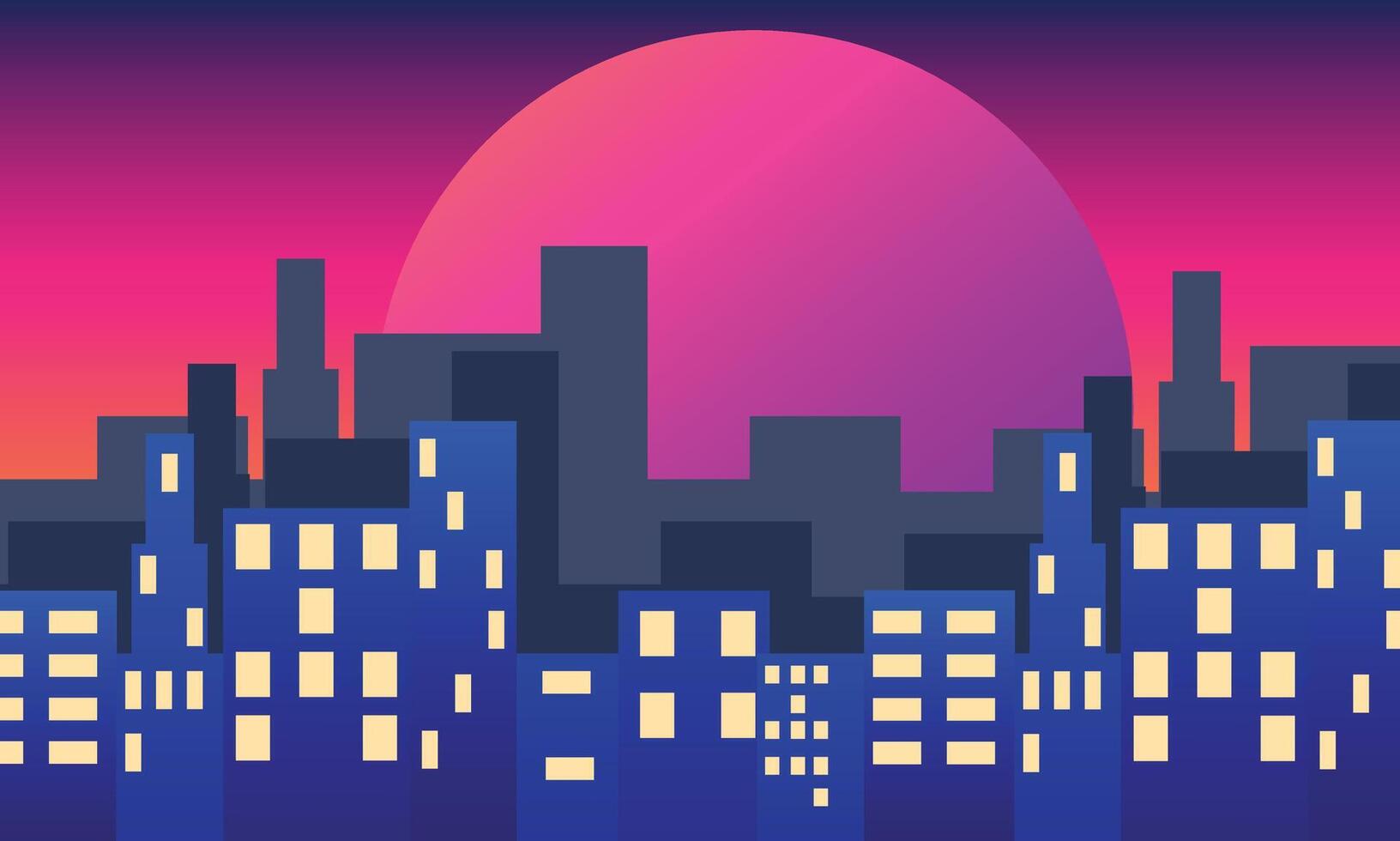 retro futurista synthwave retrowave estilizado noite paisagem urbana com pôr do sol em fundo. cobrir ou bandeira modelo para retro onda música. vetor