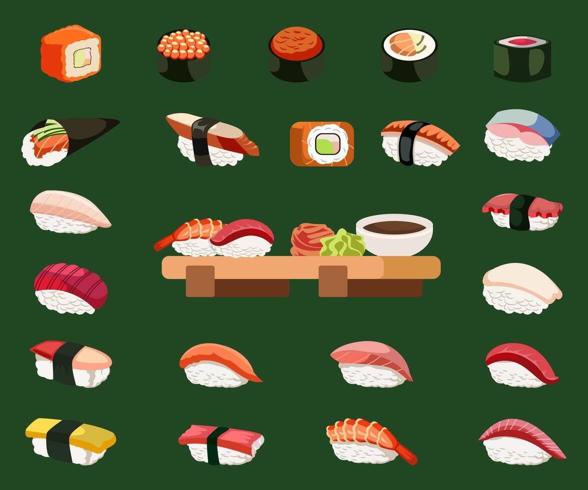 Sushi misturar cardápio japonês Comida vetor