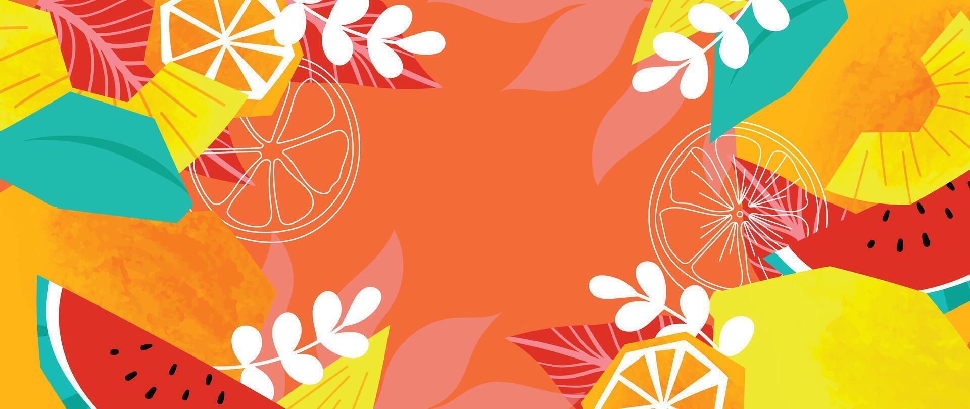 verão tropical selva laranja fundo vetor. colorida botânico com exótico plantar, flores, Palma folhas, fruta, aguarela textura. feliz horário de verão ilustração para poster, cobrir, bandeira, imprime. vetor