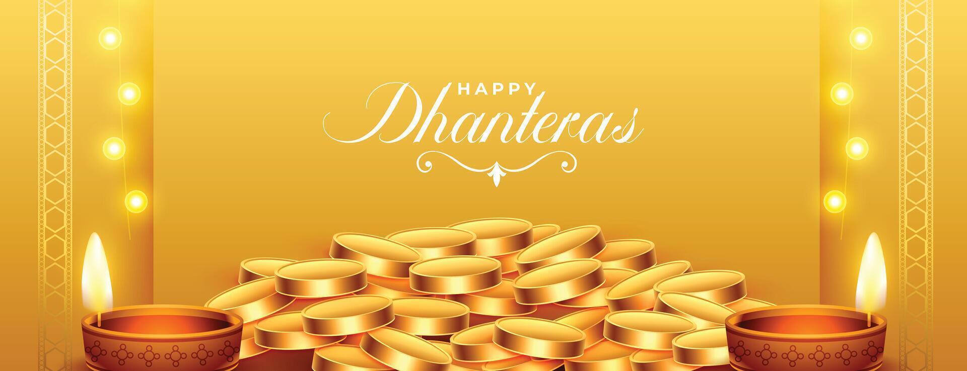 decorativo e Prêmio feliz dhanteras festival bandeira para adoração e riqueza vetor