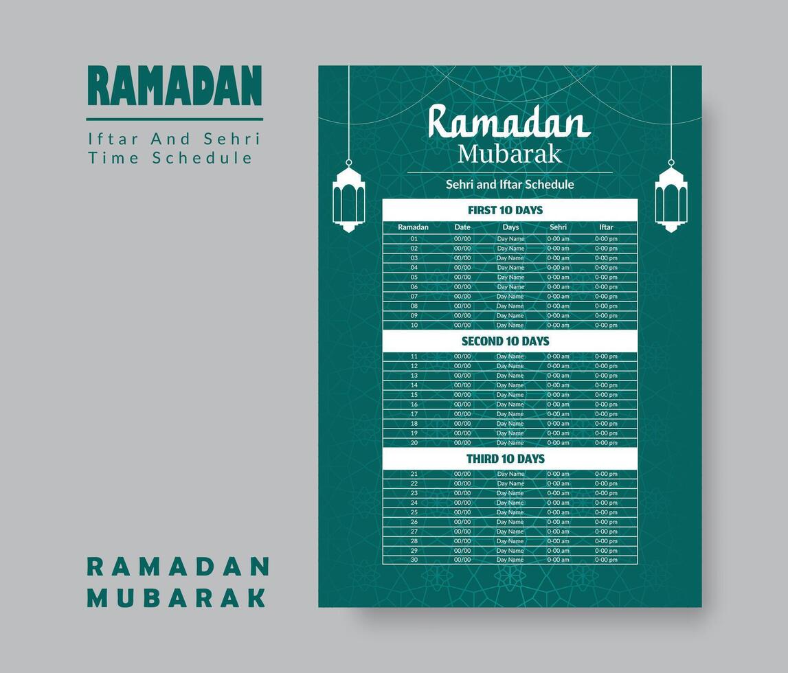 Ramadã calendário Projeto modelo 2024, Ramadã agendar, imsakia Projeto para Ramadã kareem 2024 - 1445 oração vezes dentro Ramadã, islâmico calendário e sehri ifter Tempo agendar. vetor