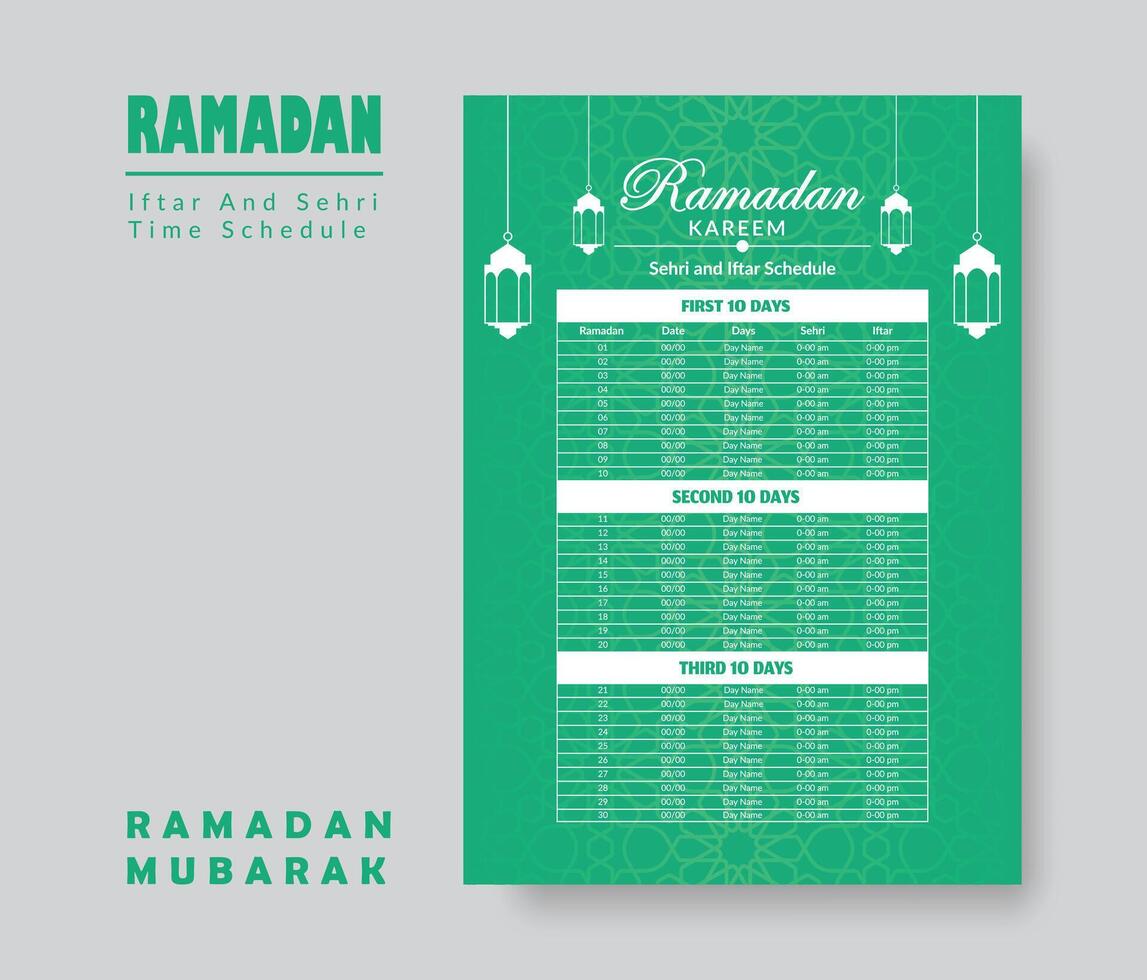 Ramadã calendário Projeto modelo 2024, Ramadã agendar, imsakia Projeto para Ramadã kareem 2024 - 1445 oração vezes dentro Ramadã, islâmico calendário e sehri ifter Tempo agendar. vetor