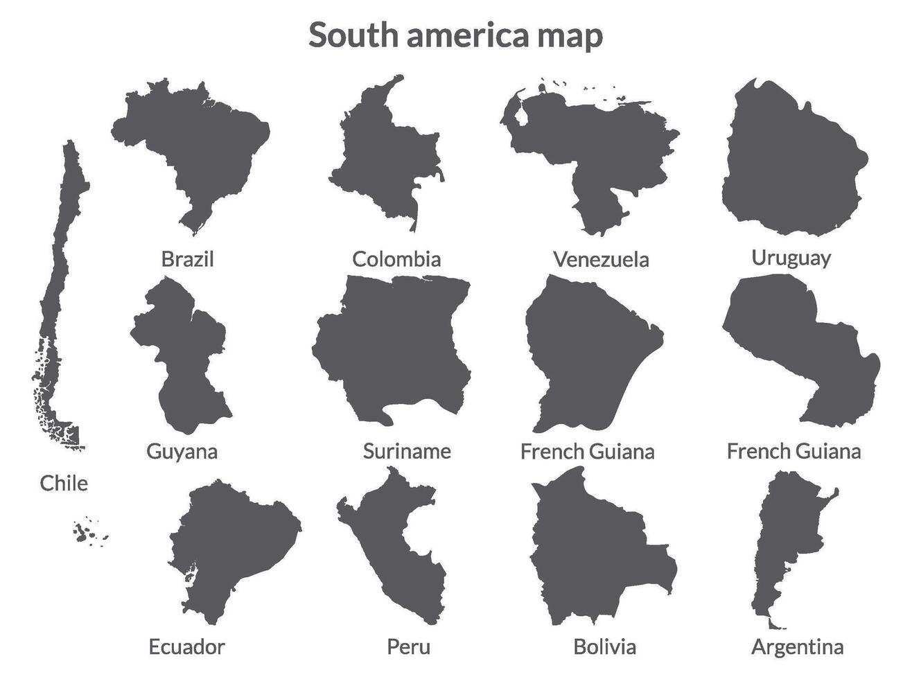 sul América país mapa. mapa do sul América dentro conjunto cinzento cor vetor