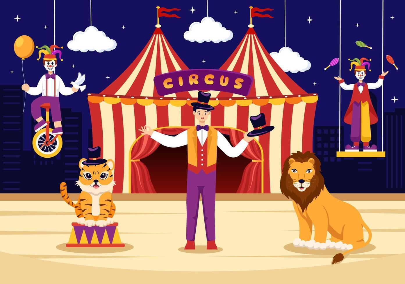 circo vetor ilustração com mostrar do ginasta, mágico, animal leão tigre, hospedar, artista, palhaços e diversão parque dentro plano desenho animado fundo