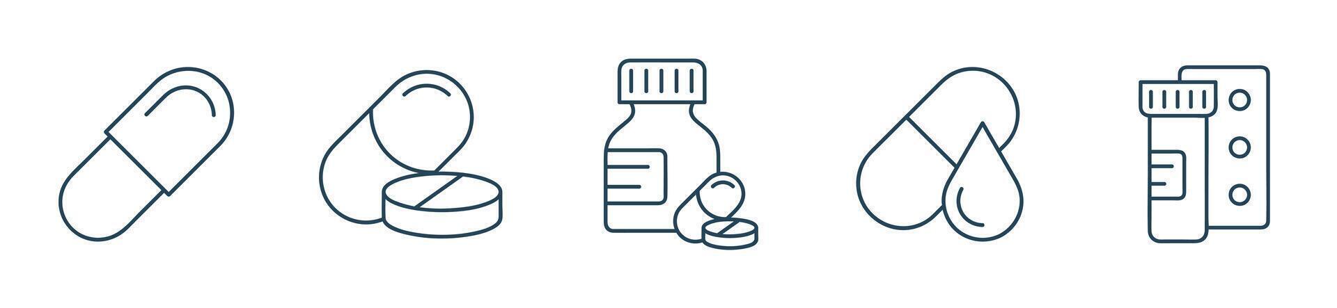 farmacêutico remédio e comprimido linha ícone. conjunto do remédio ícones, pílulas, cápsulas, droga loja, farmacia vetor