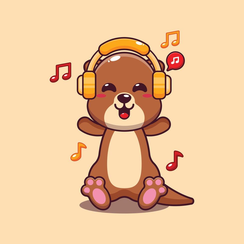 fofa lontra ouvindo música com fone de ouvido desenho animado vetor ilustração.