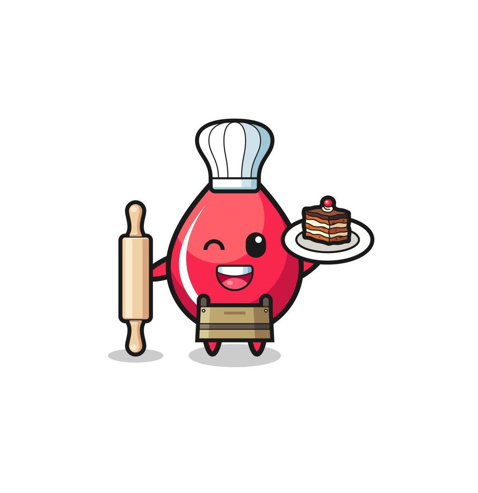 gota de sangue enquanto o mascote do chef pasteleiro segura o rolo de massa vetor