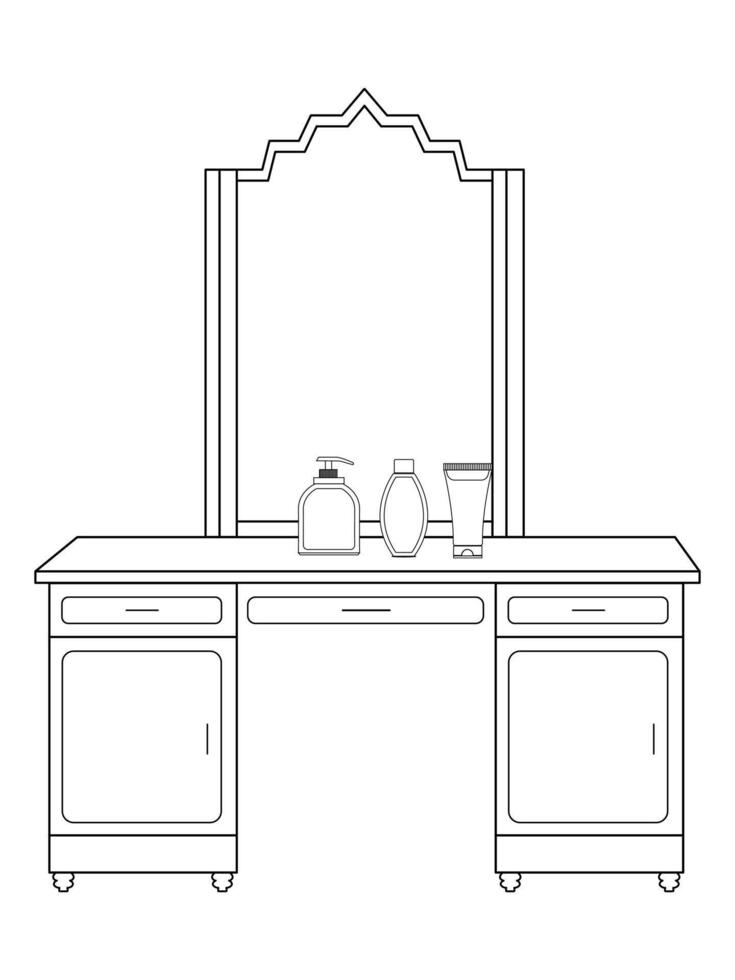 vestir mesa e de outros mobiliário. vestir quarto dentro esboço estilo. interior quarto com espelho vaidade Maquiagem e acessórios. vetor ilustração.