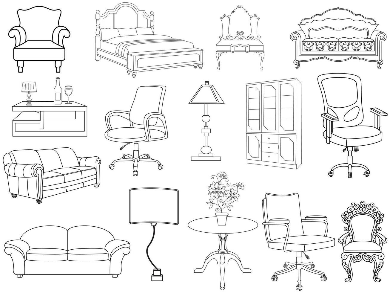 coleção do elegante moderno mobília e casa interior decorações do na moda. cozinha, quarto, sofá mesa, estante armário, cadeira, colchão, lâmpadas, escada vetor ilustrações.