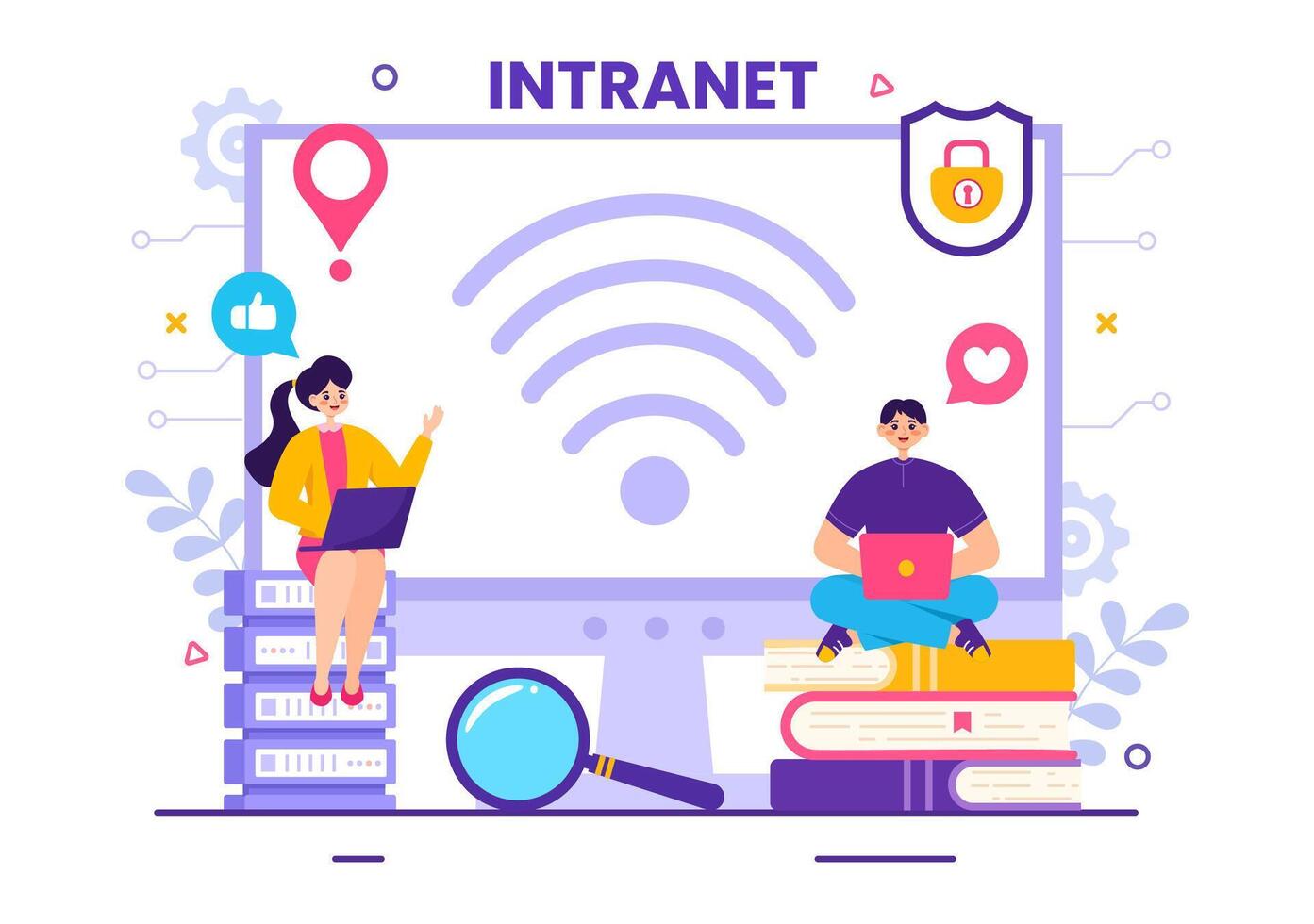 intranet Internet rede conexão tecnologia vetor ilustração para compartilhar confidencial companhia em formação e local na rede Internet dentro plano desenho animado fundo