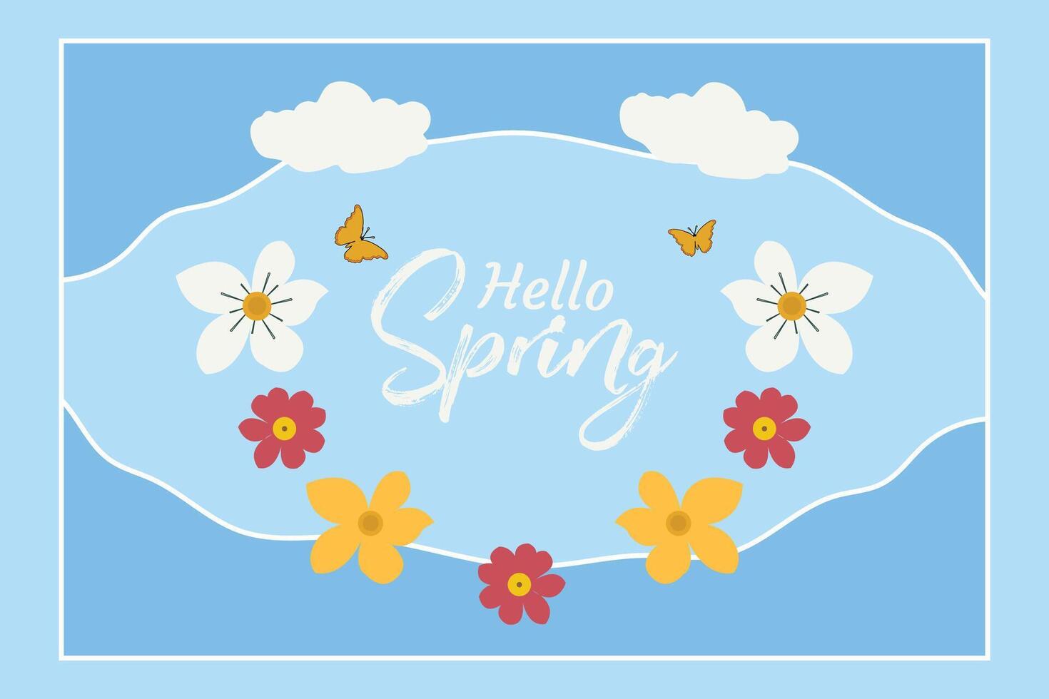 Olá Primavera bandeira Projeto com flores e borboletas. Primavera floral fundo vetor. vetor