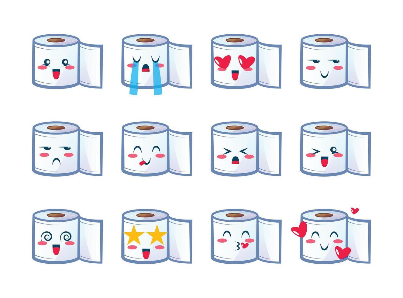 conjunto banheiro papel emojis coleção do emoticons dentro desenho animado estilo isolado em branco fundo, vetor ilustração