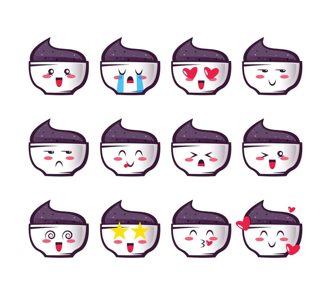 conjunto Açaí tigela emojis ícones. coleção do emoticons dentro desenho animado estilo isolado em branco fundo, vetor ilustração