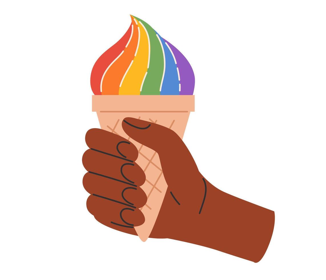 lgbt conceito. mão segurando arco Iris gelo creme. lgbtq orgulho comunidade. vetor ilustração dentro mão desenhado estilo