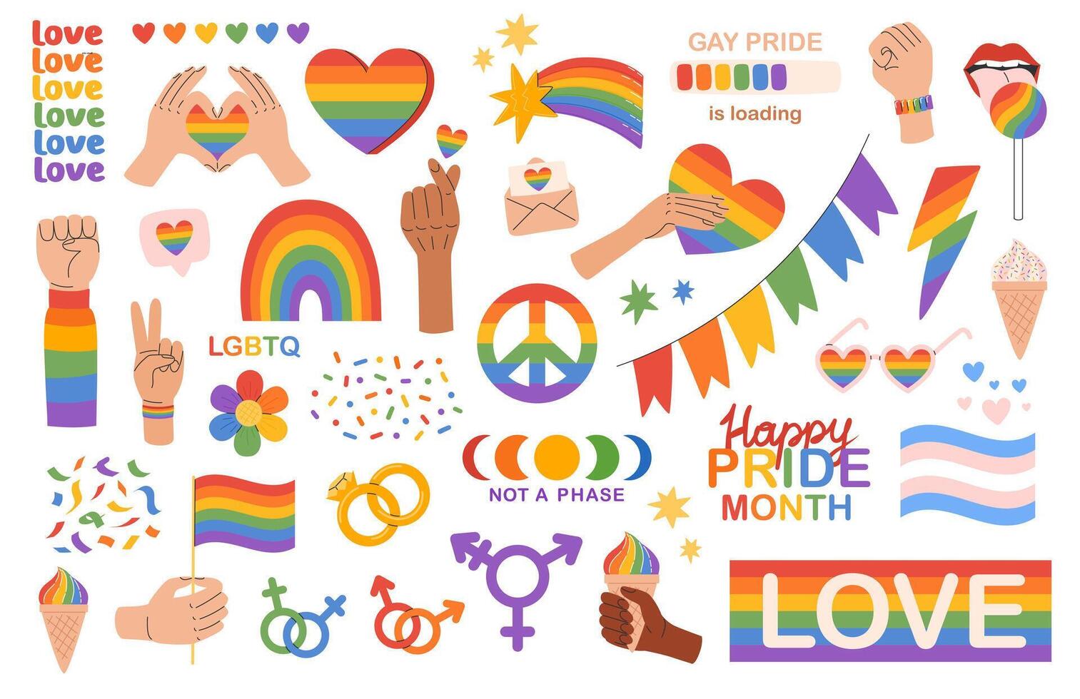 lgbt adesivo pacote. lgbtq orgulho comunidade arco Iris elementos. orgulho mês. gay parada celebração. vetor ilustração dentro mão desenhado estilo