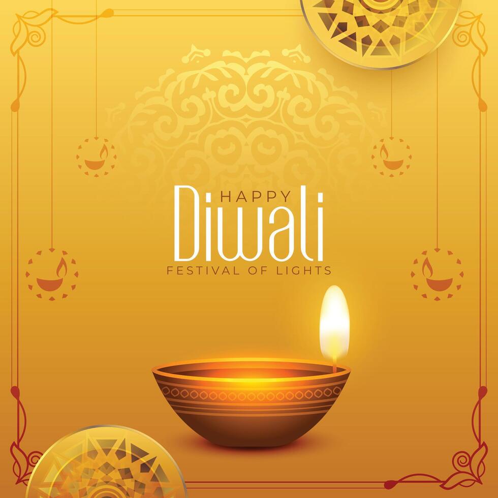 indiano festival feliz diwali evento cartão com óleo diya vetor