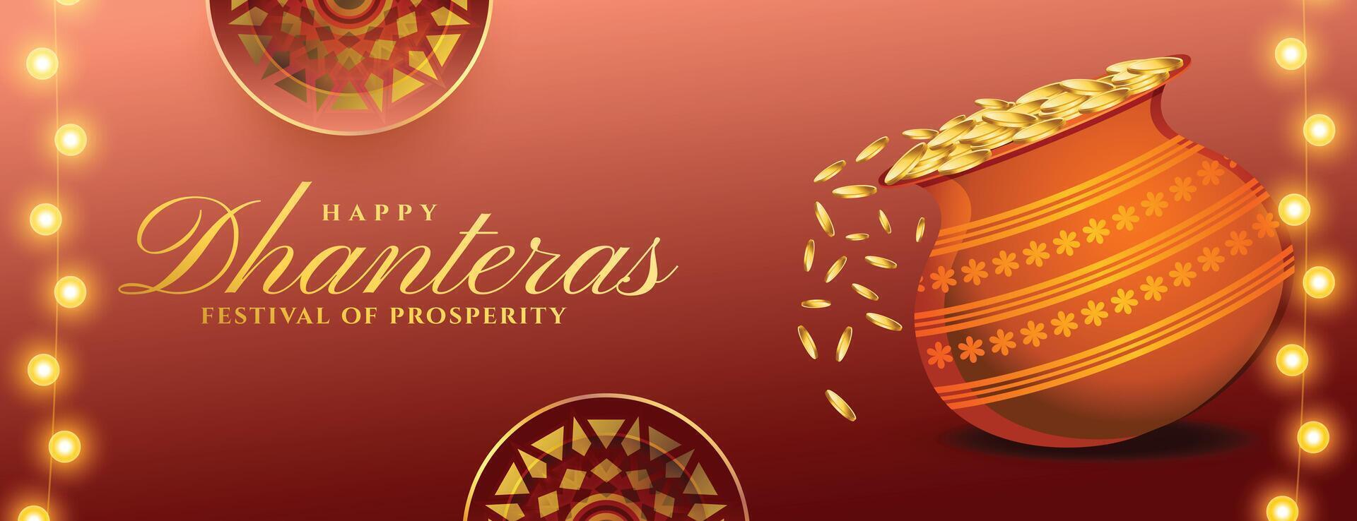 feliz dhanteras evento bandeira comemoro para prosperidade e riqueza vetor