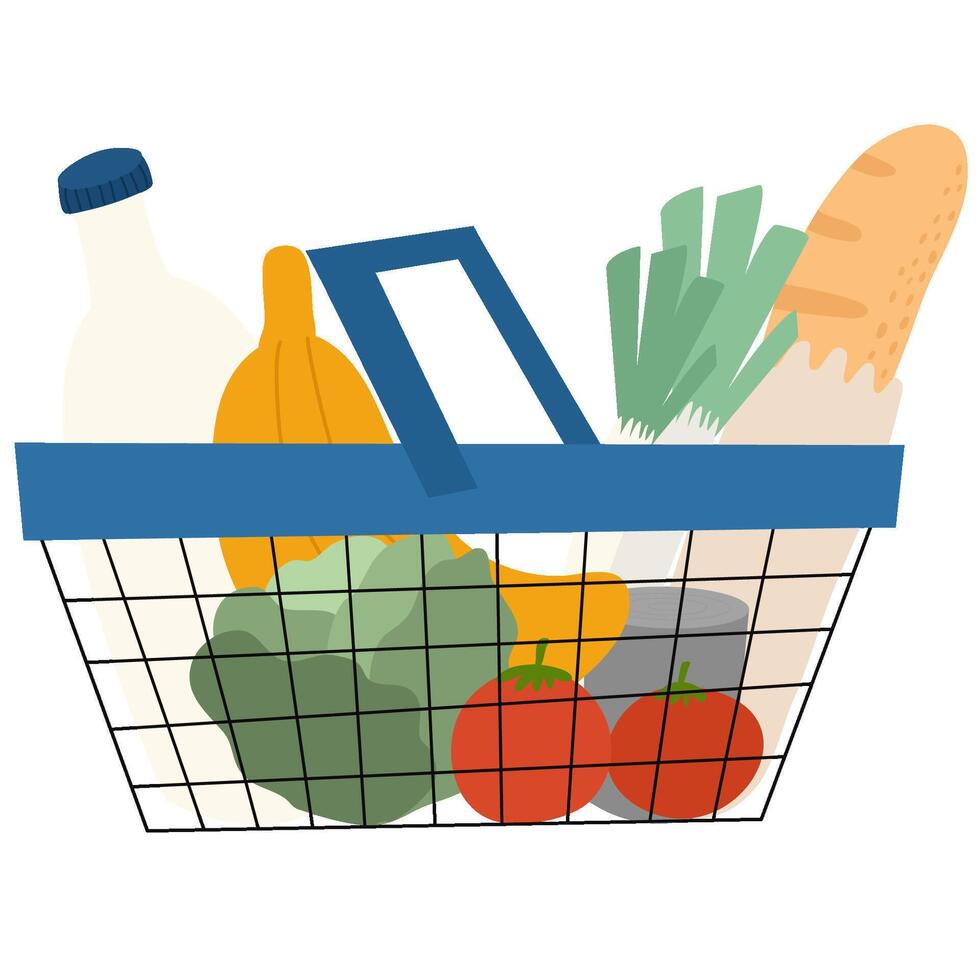compras cesta cheio do saudável natural Comida. compras cesta com leite, pão e legumes. vetor