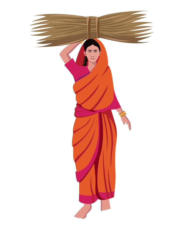 indiano agricultor mulher carregando gado alimentação em cabeça vetor