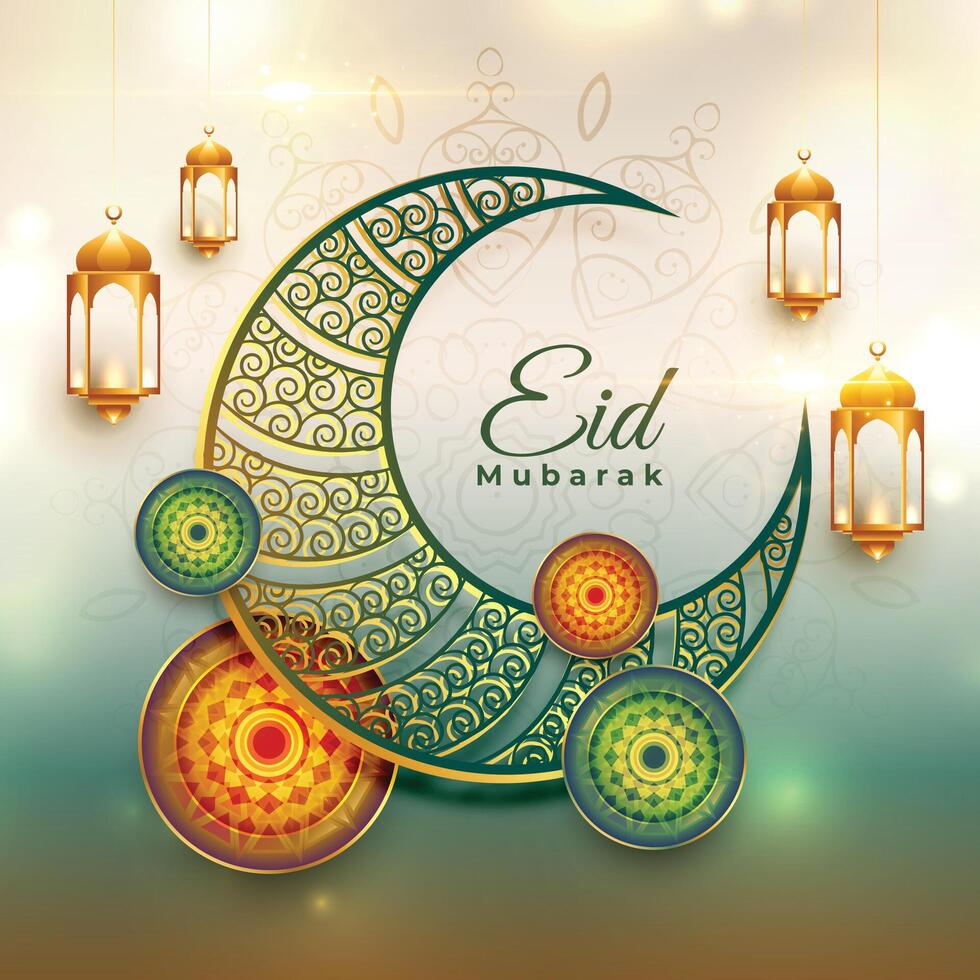 decorativo eid Mubarak realista cumprimento com lua e lanternas vetor