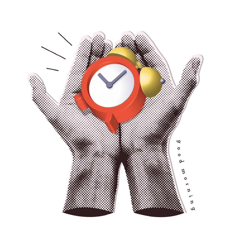 na moda meio-tom colagem com dois mãos segurando vermelho vintage 3d render alarme relógio. Tempo gestão e data limite conceito. o negócio planejamento e organização. revista papel estilo misturado arte. vetor