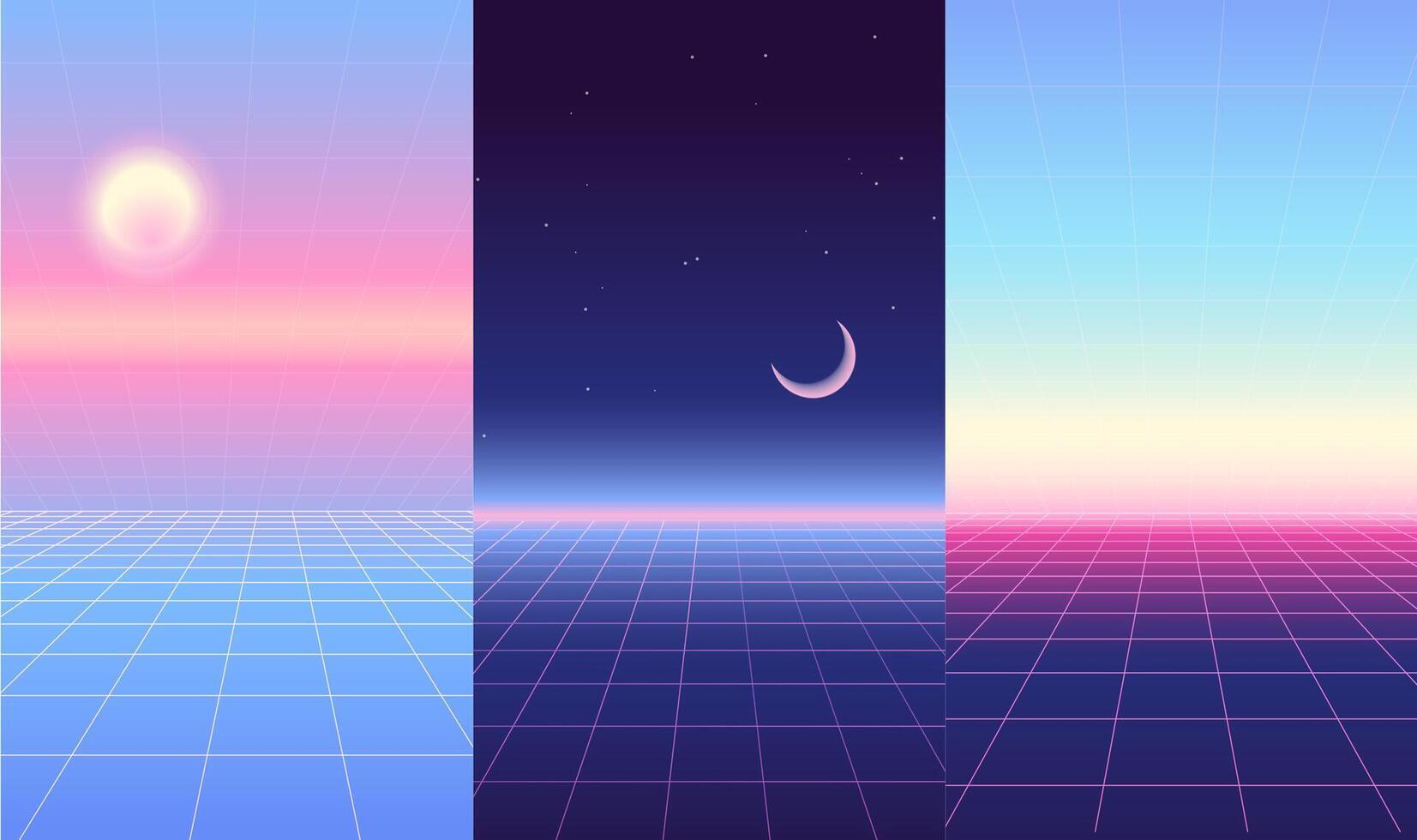 vintage anos 80 synthwave rede paisagens conjunto com iluminação horizonte e Sol e lua dentro espaço. retro espaço fundos coleção. vetor ilustração.