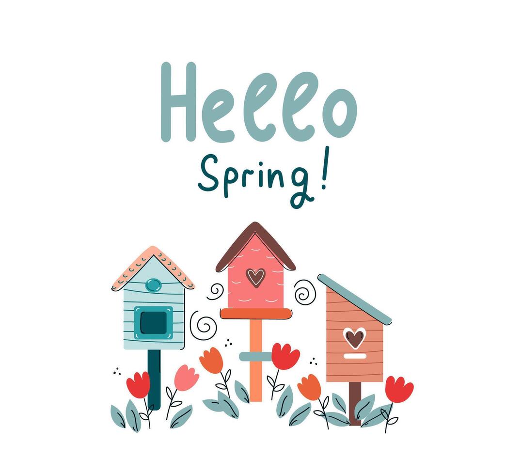 Primavera Casa de passarinho. Olá Primavera humor cumprimento cartão. vetor