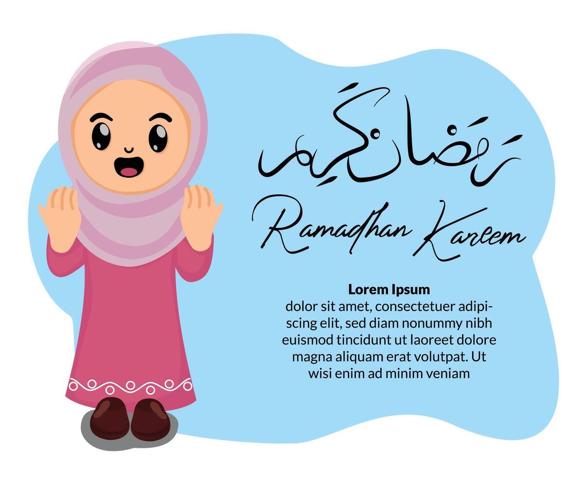 fofa muçulmano menina desenho animado ilustração às Ramadã kareem cumprimento cartão fundo vetor