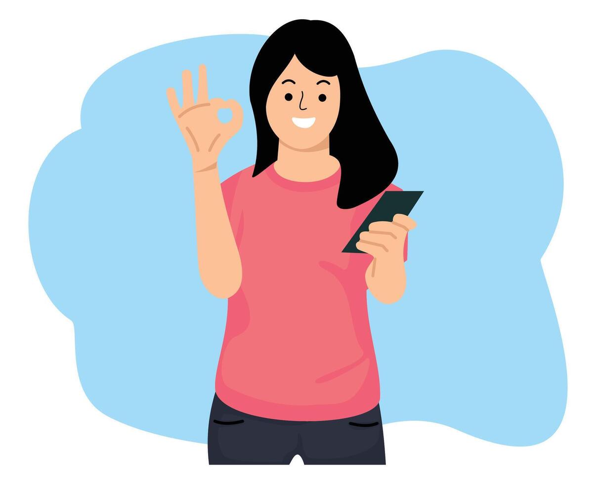 mulher segurando Smartphone e mostrando Está bem placa dedo ou mulher conectados compras usando aplicativo Smartphone vetor
